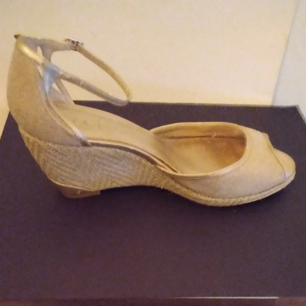 Wedge Peep-Toe Ankle-Strap Sandals in Beige